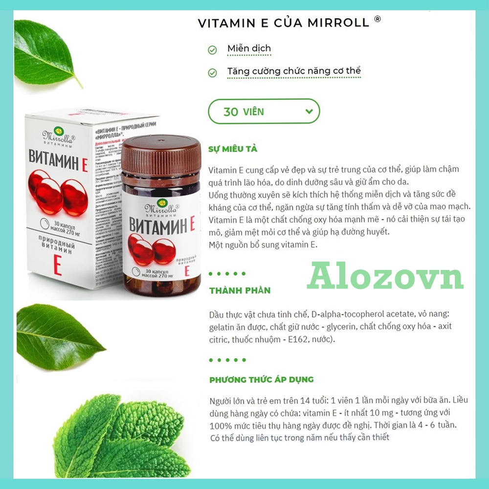 Vitamin E đỏ Nga Mirrola 270mg hộp 30 viên hỗ trợ đẹp da, giảm thâm nám