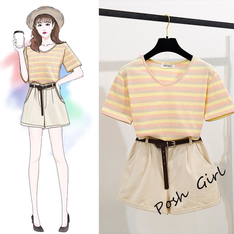 Set Áo Thun Tay Ngắn Kẻ Sọc + Quần Lưng Cao Co Giãn Tốt Thời Trang Trẻ Trung