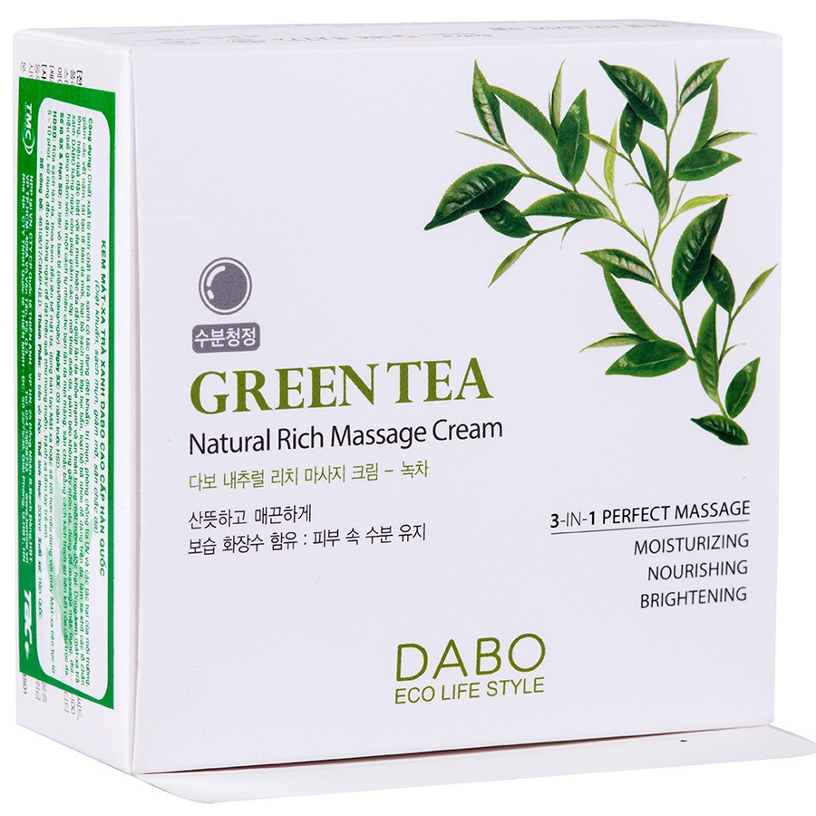 DABO Natural Rich Massage Cream Green Tea Hàn quốc 200ml/Hộp kem dưỡng da trà xanh trắng da, căng cơ ngừa mụn