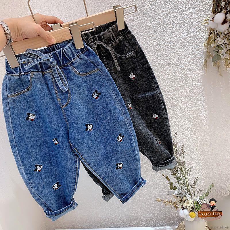 Quần Jeans Dài In Hình Chuột Mickey Cho Bé Gái Từ 1-8 Tuổi