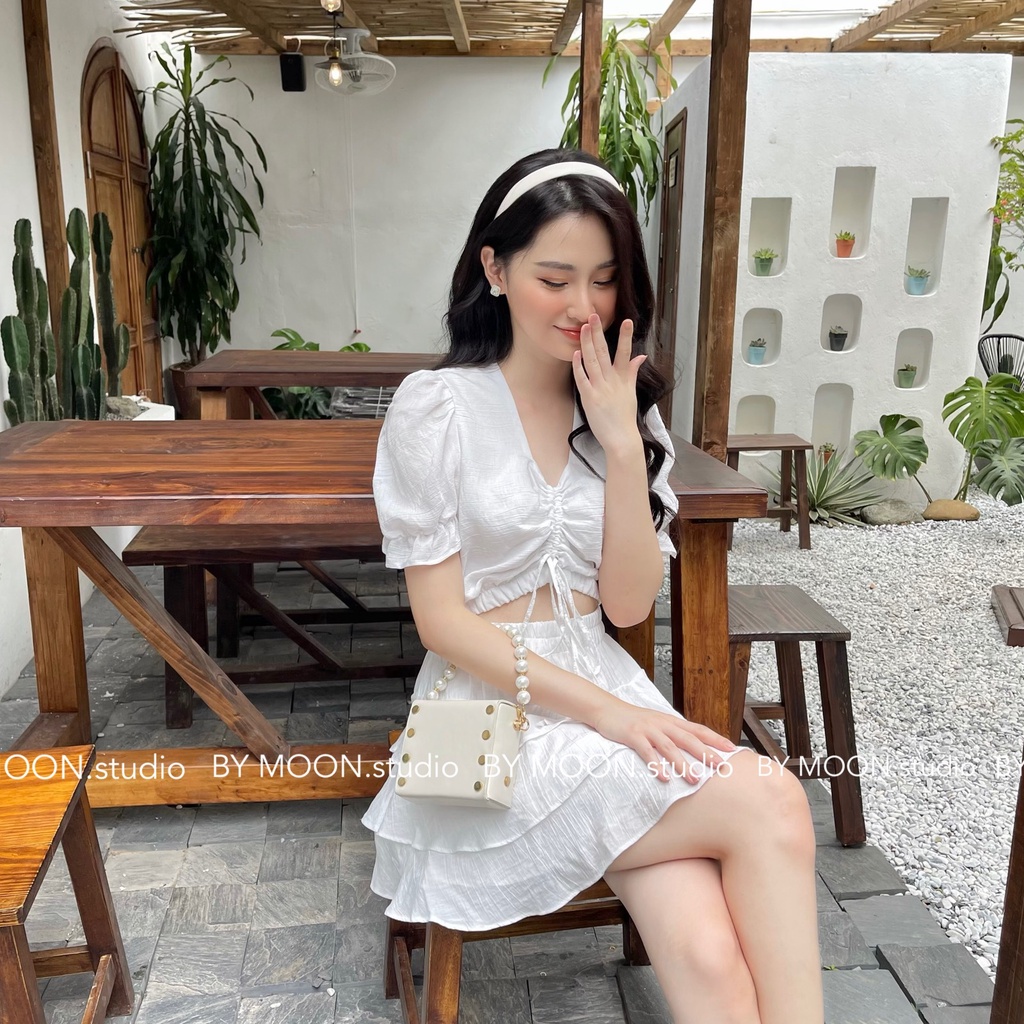 Set áo croptop tay bồng + chân váy lót quần thiết kế BY MOON - ảnh thật S015