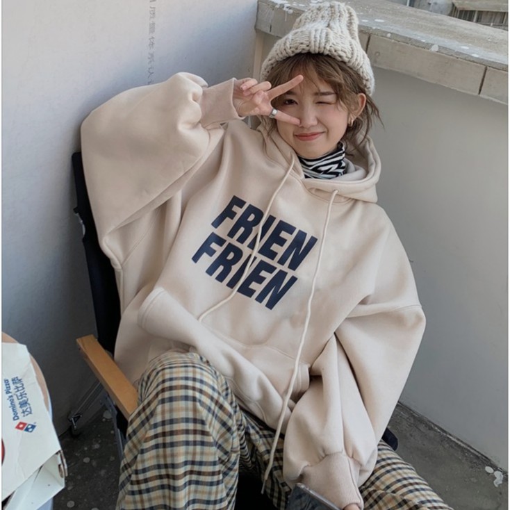 Áo hoodie nữ form rộng, áo hoodie nữ form rộng màu be có mũ mặc nhà đi chơi đi học thời trang ulzzang hàn quốc | BigBuy360 - bigbuy360.vn
