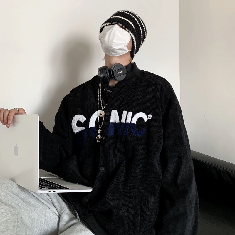 Áo khoác bóng chày vải nhung kẻ dáng rộng in họa tiết chữ phong cách retro cá tính