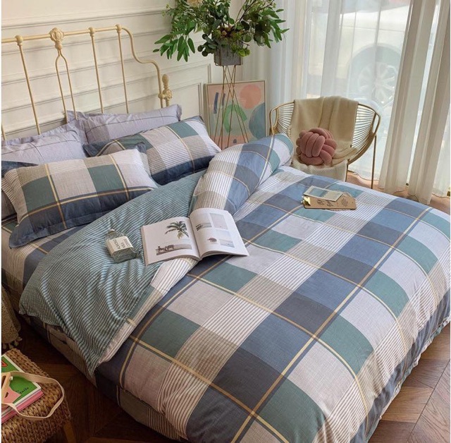 Cotton Demi - caro xanh lá -  bộ vỏ chăn ga giường