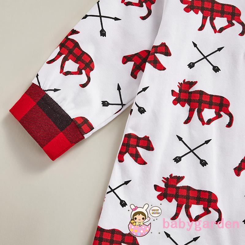 Bộ áo liền quần tay dài cổ tròn in họa tiết caro &amp; động vật kèm mũ đội đầu dễ thương cho bé sơ sinh