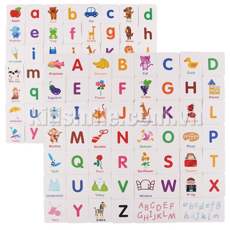 Hộp 54 Thẻ Chữ Cái Alphabet In Hoa Và In Thường và Từ Vựng Giúp Bé Học Tốt Tiếng Anh