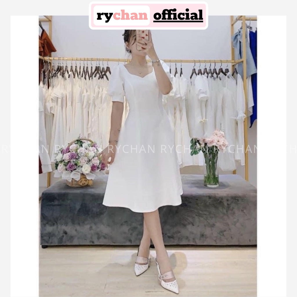 Đầm Dự Tiệc Sang Chảnh Dáng Dài Cổ V Tay Ngắn Phồng Tôn Dáng Màu Đỏ Trắng - DX9937