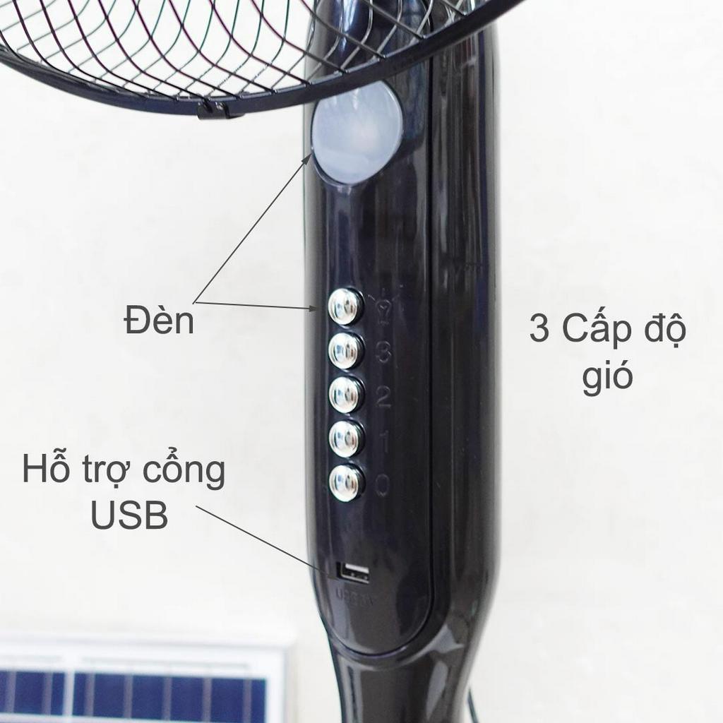 Quạt năng lượng mặt trời, quạt tích điện V188 dáng đứng, có chân sạc usb, đèn led, pin 4-6h, tặng pin NLMT