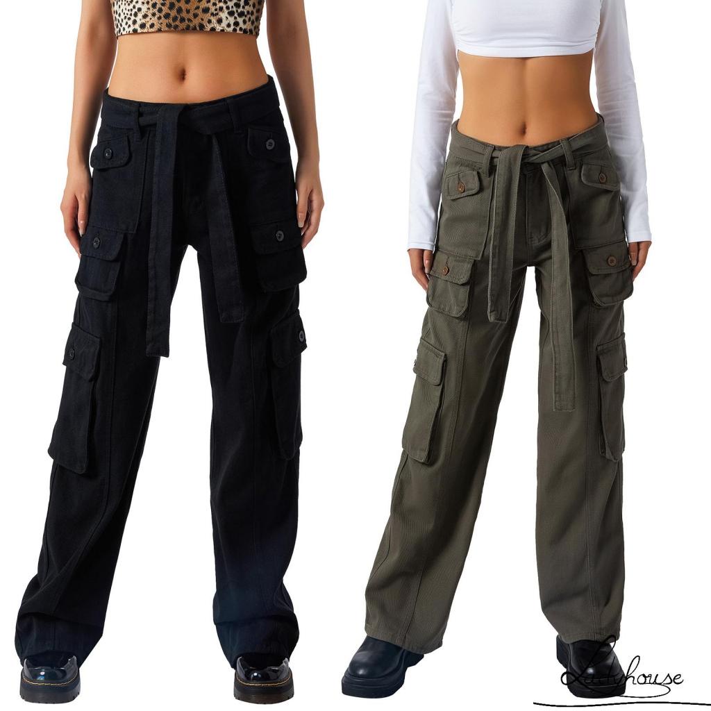 Quần Dài Lưng Thấp Ống Rộng Màu Trơn Phối Nhiều Túi Thời Trang Mùa Thu Cho Nữ