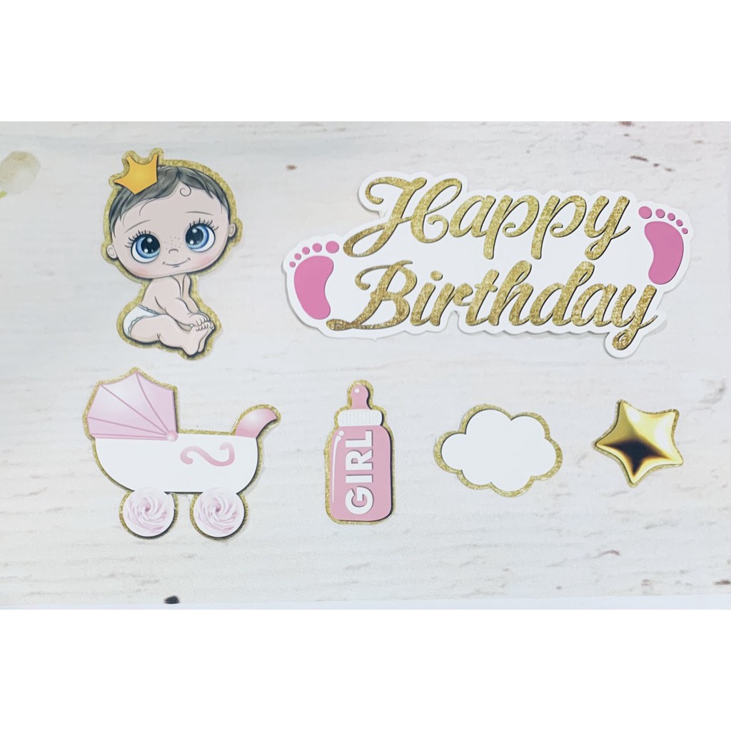 5 Combo 2 Set giấy em bé xe nôi + chữ HPBD bàn chân