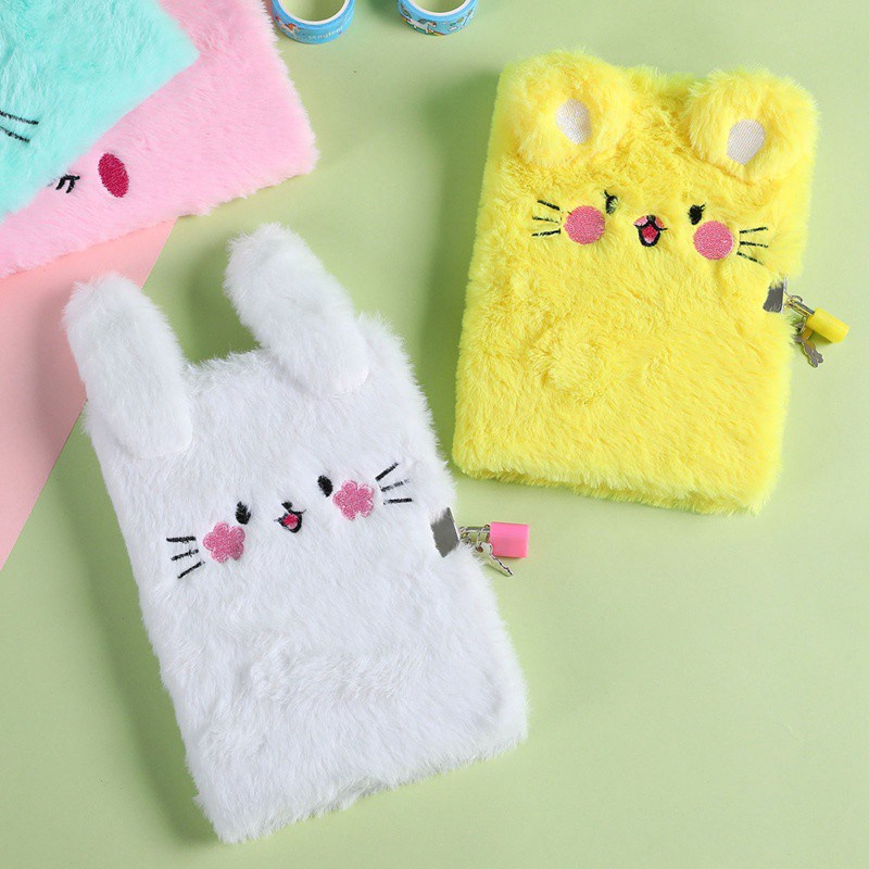 Sổ tay nhật ký thiết kế hình mèo nhồi bông hoạt hình có khóa mật khẩu dễ thương