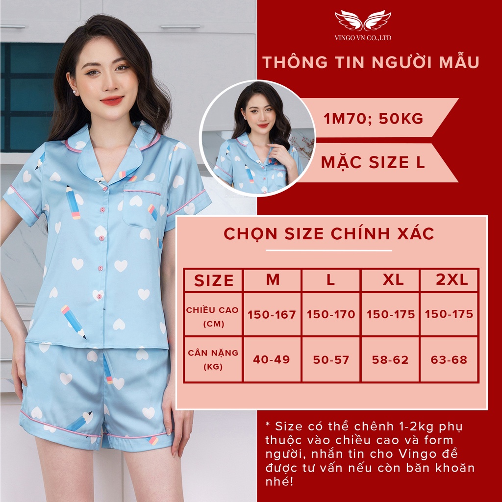 Đồ bộ nữ mặc nhà Pijama VINGO Lụa Pháp cao cấp tay ngắn quần cộc họa tiết bút chì hồng phối xanh mùa Hè H630 VNGO