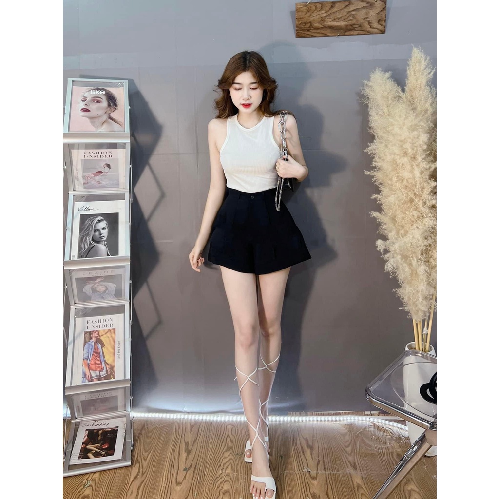 Quần short nữ cạp cao quần sooc nữ ống rộng chất tuyết mưa dày dặn màu đen màu trắng phong cách hàn quốc đi chơi đi phố