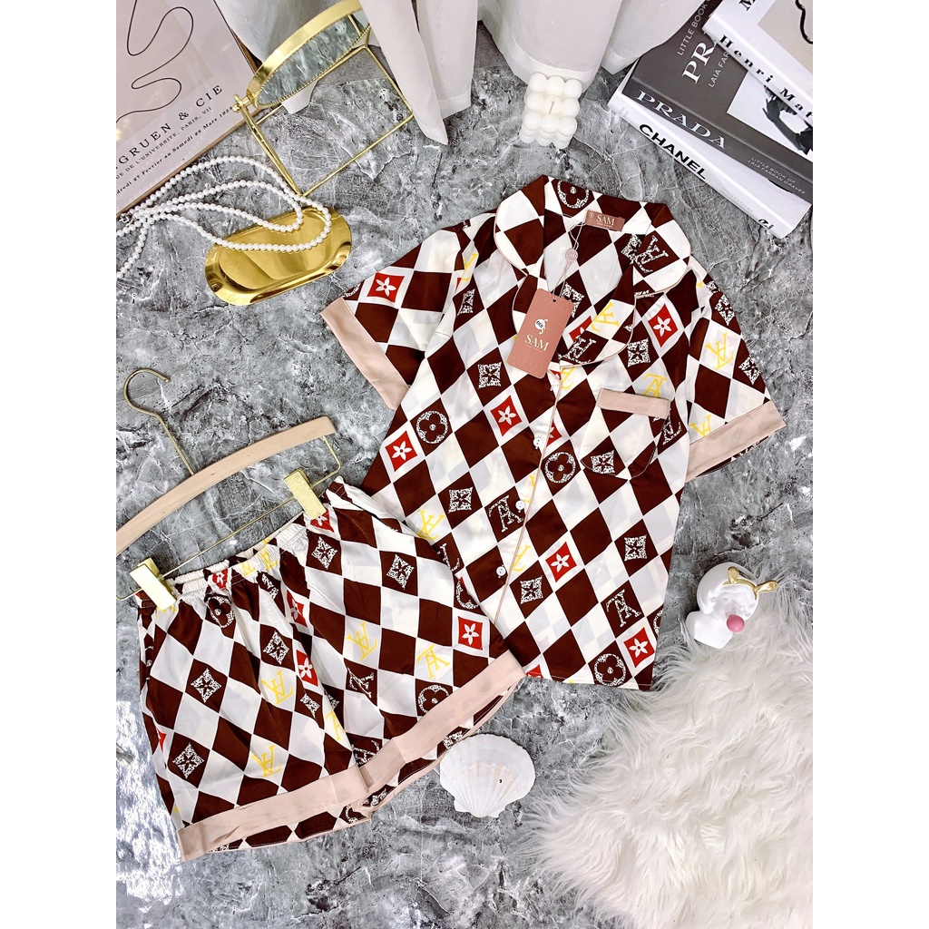 Set đồ mặc nhà Sam cao cấp, bộ đồ pijama nữ mặc đi ngủ chất lụa satin mềm mịn, họa tiết trám trẻ trung siêu hot