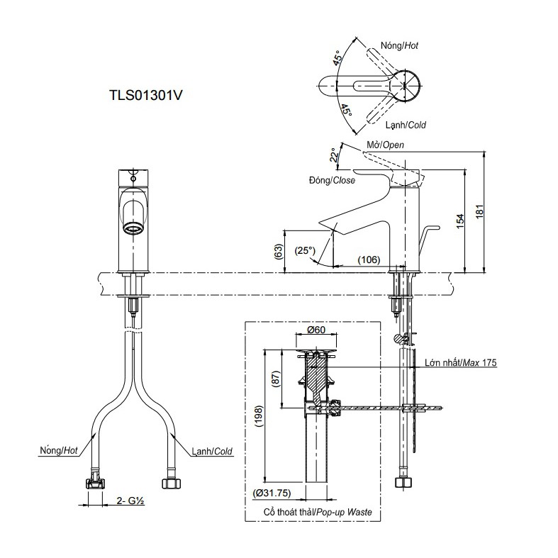 Vòi Chậu Lavabo Nóng Lạnh TOTO (154mm) TLS01301V VTT 19