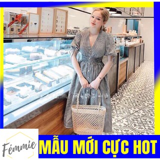 [SALE SẬP SÀN] ĐẦM HOTGIRL GIÁ RẺ_Đầm ôm dáng dài cổ tim tay nơ caro nút gỗ nữ tính_Thời trang hotgirl thiết kế cao cấp