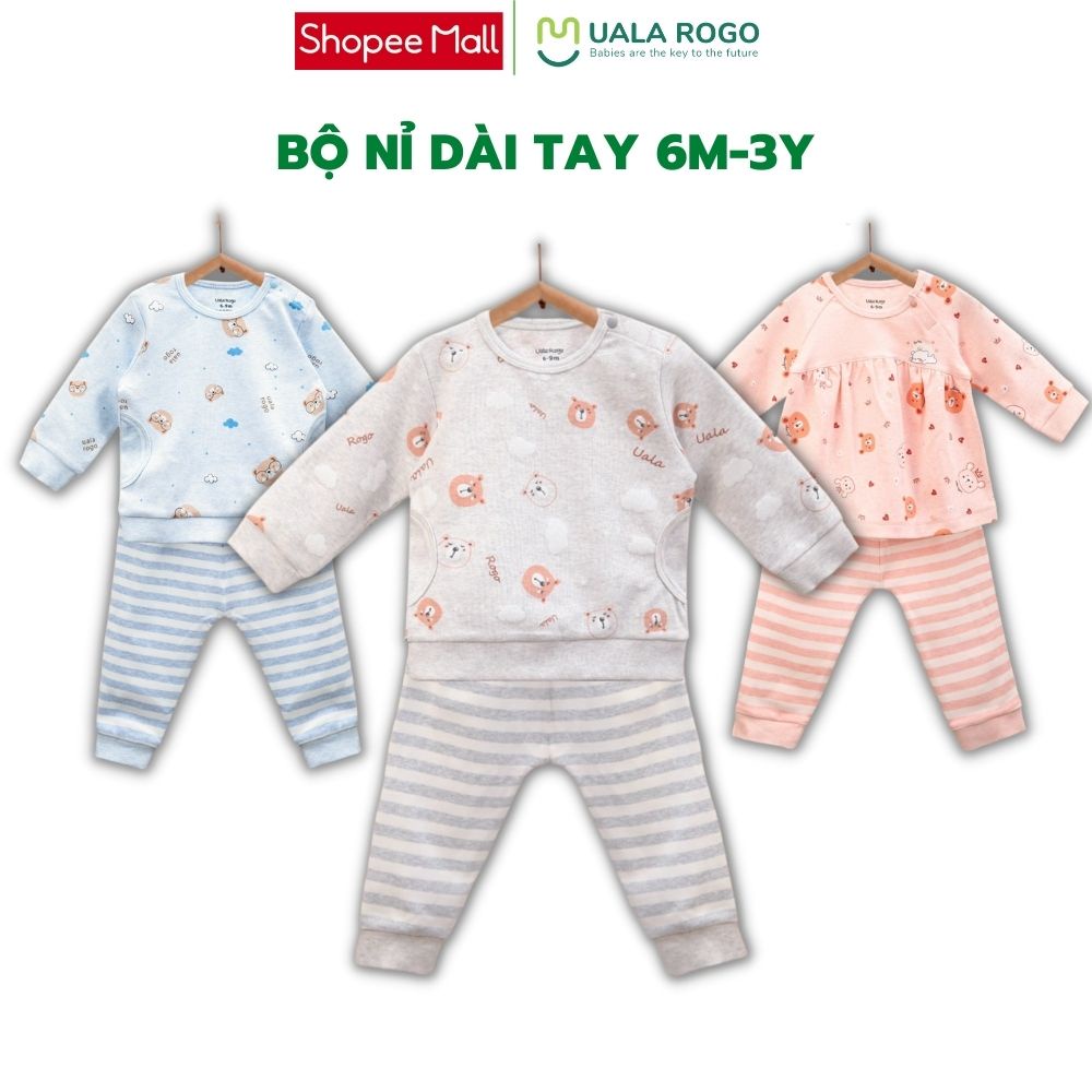 Bộ thu đông cho bé Uala rogo 6 tháng-3 tuổi cotton nỉ cổ tròn giữ ấm tốt họa tiết phối kẻ 3915