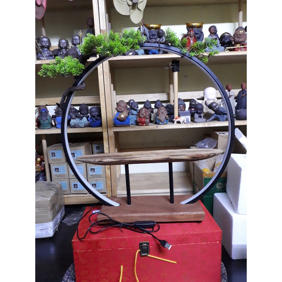 Kệ đèn led đặt tượng hình tròn cỡ lớn ( có kèm cây giả trang trí)- Kệ đặt tượng trang trí decor mẫu to