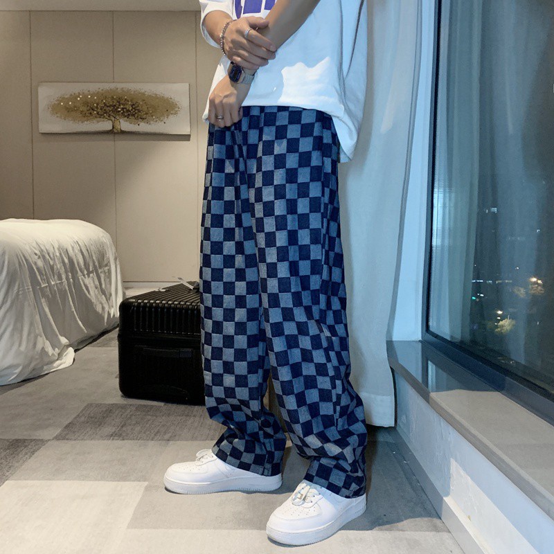 Quần dài ống suông rộng họa tiết kẻ sọc ca rô phong cách hip hop đường phố thời trang cho nam