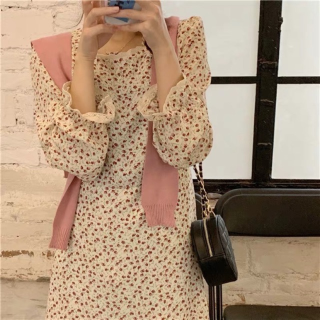 Váy hoa vintage cổ vuông viền ren VKE5021 Ulzzang ( lưu ý ảnh thật váy phía cuối tay áo chun loe viền ren) Hàng QC