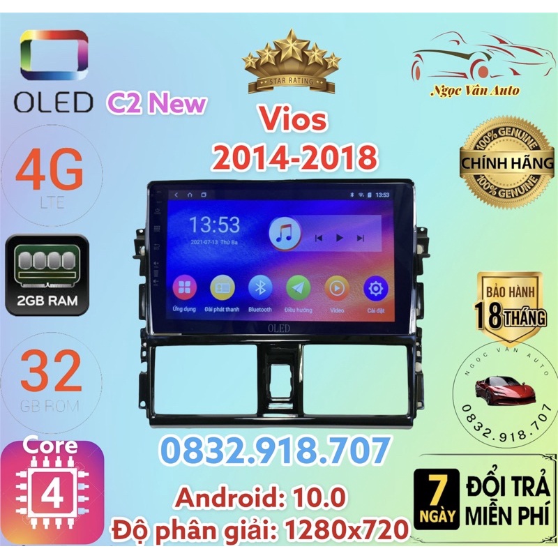 Màn Hình Android OLED C2 Theo Xe Vios + Yaris 2014 - 2018, 10 inch kèm dưỡng và jack nguồn zin