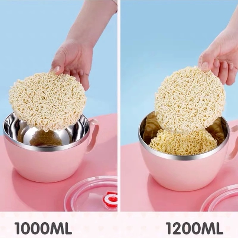 Tô Ăn Mì Bằng Thép Không Gỉ Có Tay Cầm Và Nắp Đậy Chống Rò Rỉ Tiện Dụng