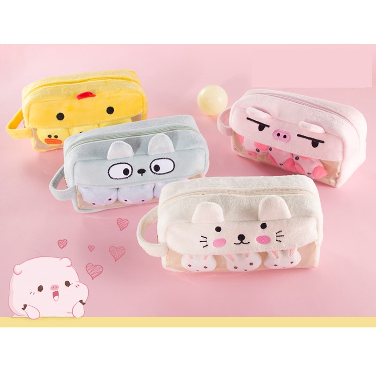 Hộp bút size lớn vải bông hình con thú, con vịt, con cáo (kèm 3 huy hiệu ghim có thể tháo rời được)
