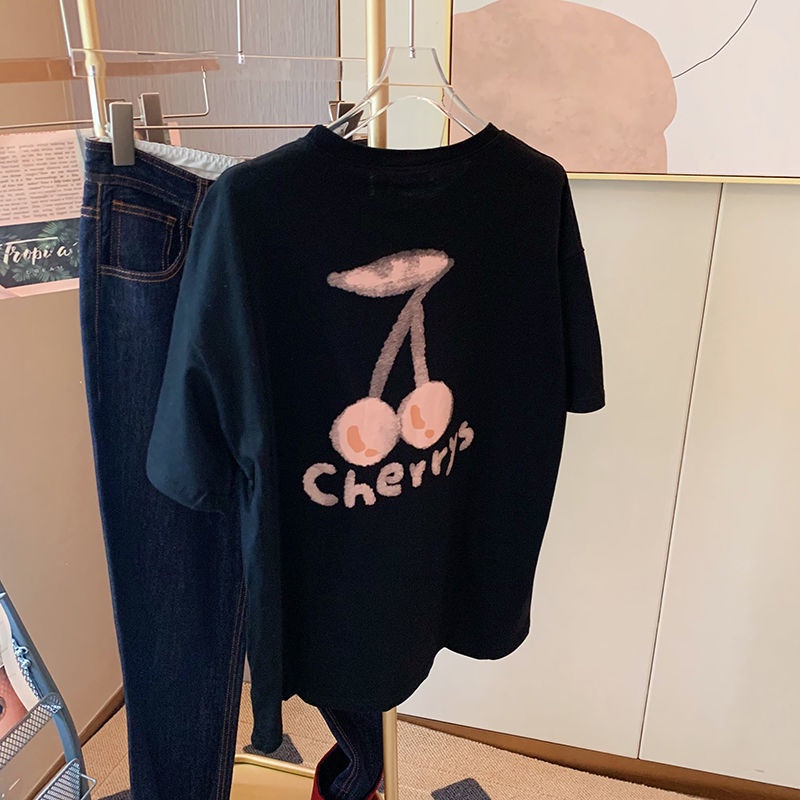 Áo Thun Nữ Ngắn Tay Màu Đen In Hình Quả Anh Đào Thời Trang