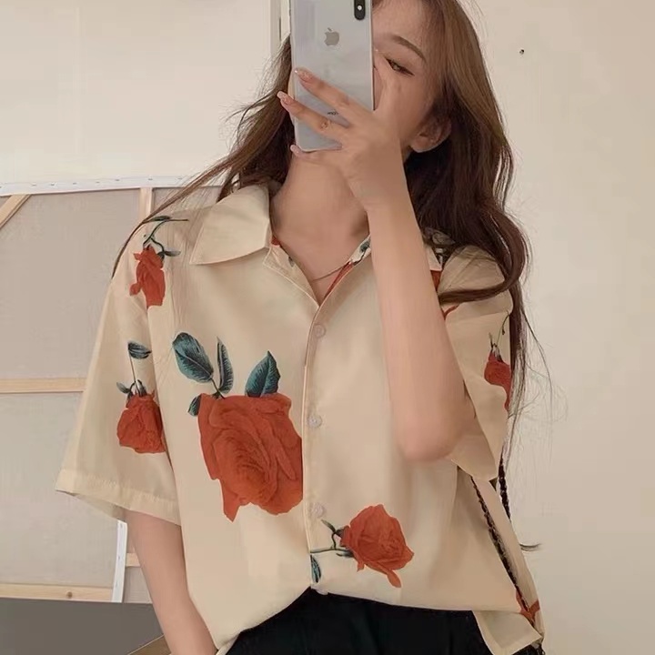 SUXI Áo Sơ Mi Ngắn Tay Dáng Rộng In Họa Tiết Hoa Hồng Kiểu Vintage Thời Trang Mùa Hè Cho Nữ