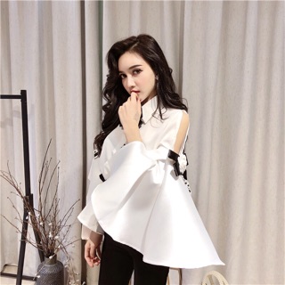 Set áo sơ mi và quần jean cạp cao