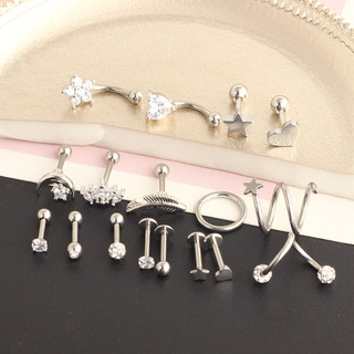 17 Cái / bộ Lô 316L Thép Không Gỉ Mũi Bộ Môi Labret Lưỡi Xuyên Lô 16g Lông Mày Tai Xoắn Xuyên Trang Sức