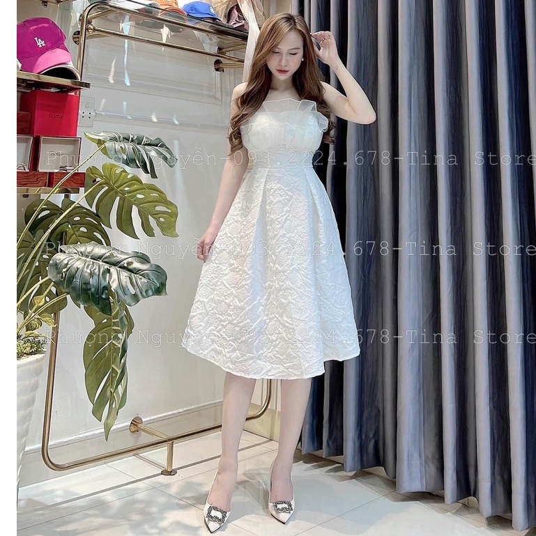 váy 2 dây thiết kế, váy 2 dây chất xốp phối vân 3d hoa ly cao cấp
