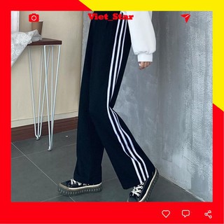 Quần baggy nữ ống rộng 3 sọc thể thao màu đen, chất Cát Tàu VST