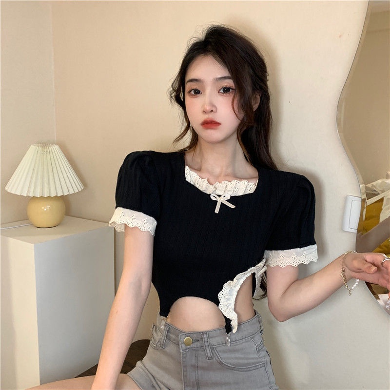 Áo Thun Eo Cao Thiết Kế Ren Thời Trang Mùa Hè Nhẹ Nhàng Thông Dụng Cho Nữ