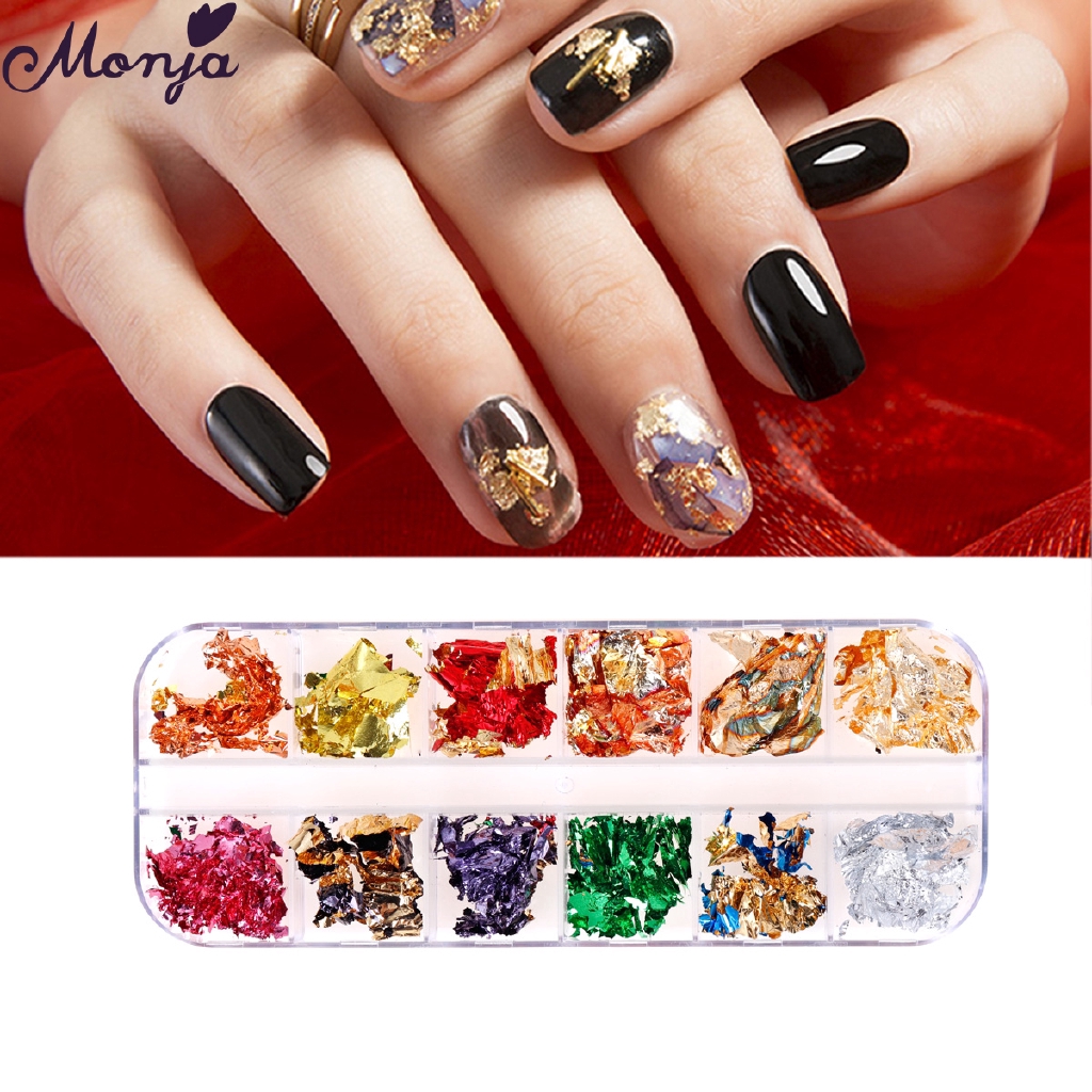 MONJA Hộp Lá Nhôm 12 Ô Nhiều Màu Trang Trí Móng Tay Nghệ Thuật