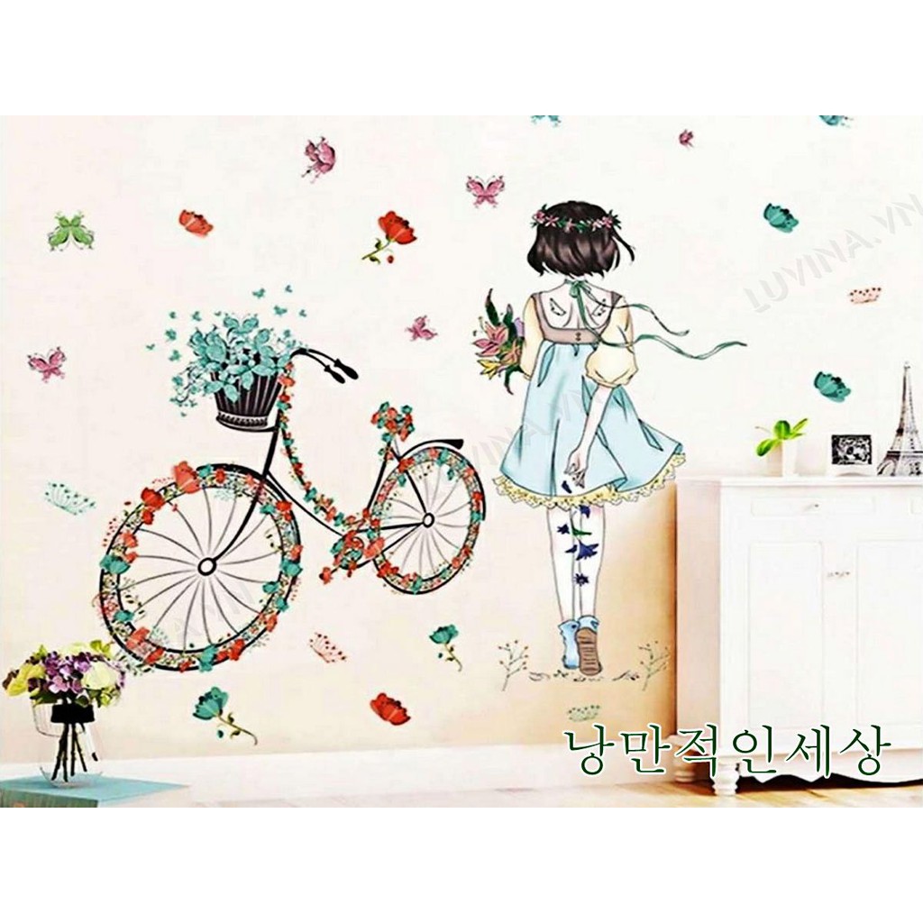 Decal dán tường Hàn Quốc- trang trí nhà cửa, văn phòng, quán cafe, cửa hàng-  CÔ GÁI QUAY LƯNG XE ĐẠP