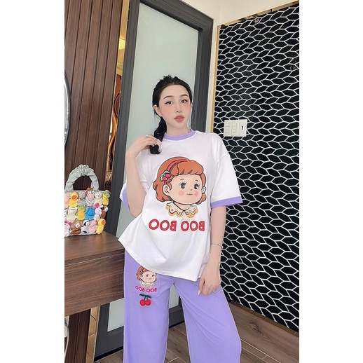 Set áo cotton bé boo phối viền tay cổ quần gân hình in túi - HN Closet