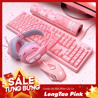Combo Bộ Bàn Phím Giả Cơ Hồng LongTao - Chuột Gaming - Tai Nghe - Lót Chuột Hello Kitty OverSize