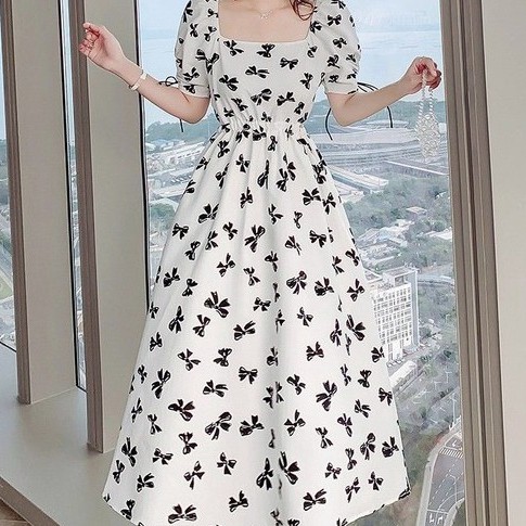 Classic French Low Waist Dress Korean Style Butterfly Square Print Square Neck Fashion White Skirt