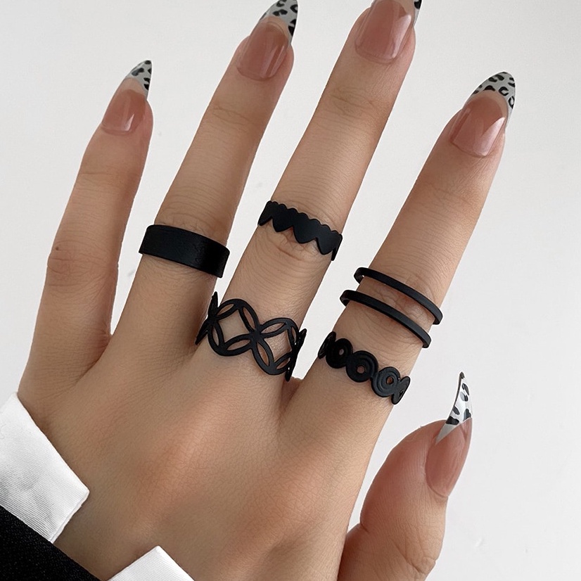 Bộ Nhẫn Hở Hình Tròn/Vuông/Trái Tim Bằng Kim Loại Màu Đen Cổ Điển Có Thể Điều Chỉnh Cho Cặp Đôi