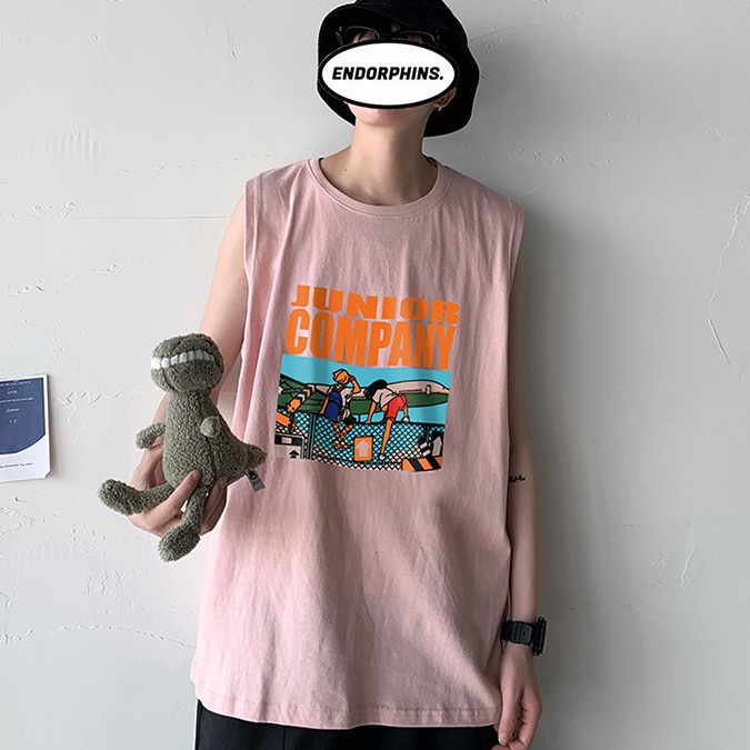 Áo ba lỗ thể thao dáng rộng phối họa tiết hoạt hình phong cách hiphop thời trang mùa hè cho nam