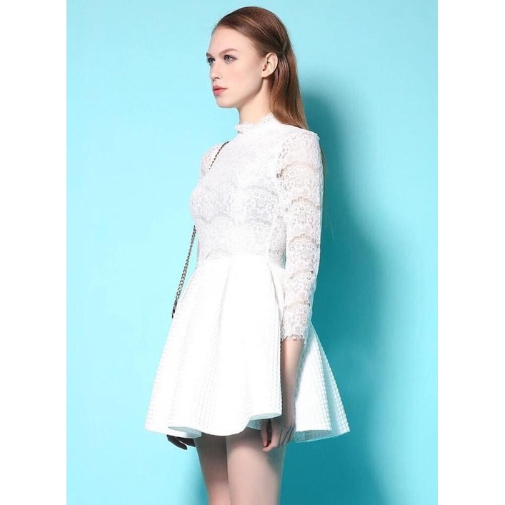 XY792 - Đầm xòe tay lỡ phối ren thu đông hàng nhập