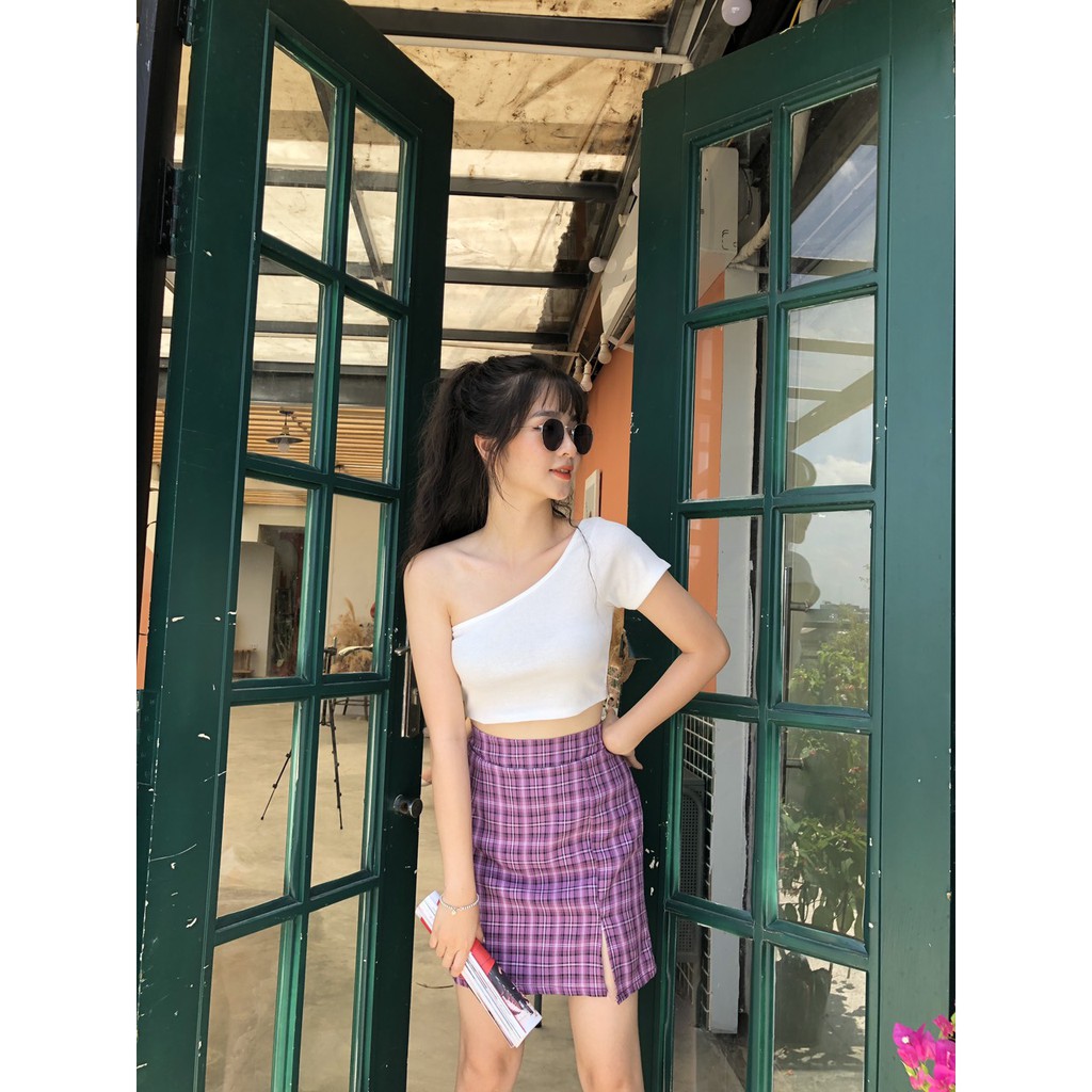 Croptop Len Tăm Lệch Vai Nữ [FREESHIP]🌸 Áo phông thun gân nhỏ cộc tay basic trơn màu Đen | Trắng | Nâu | Tím Ulzzang 🌸