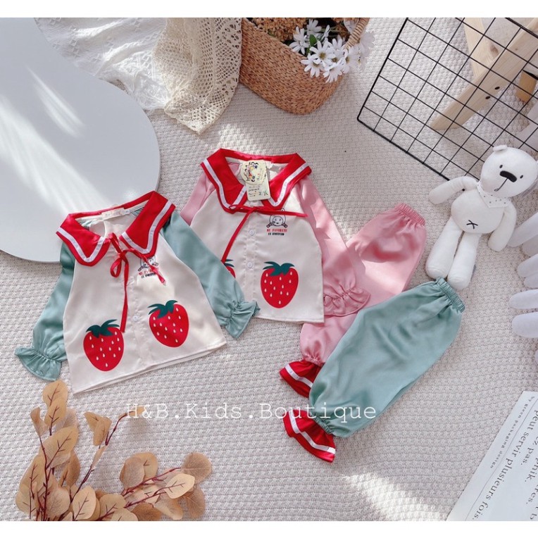 Bộ lụa 2 quả dâu dài tay bé gái