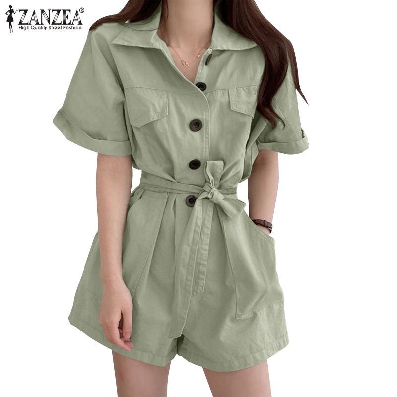 Áo liền quần ZANZEA dáng ngắn ống rộng hai túi phong cách Hàn Quốc thời trang cho nữ