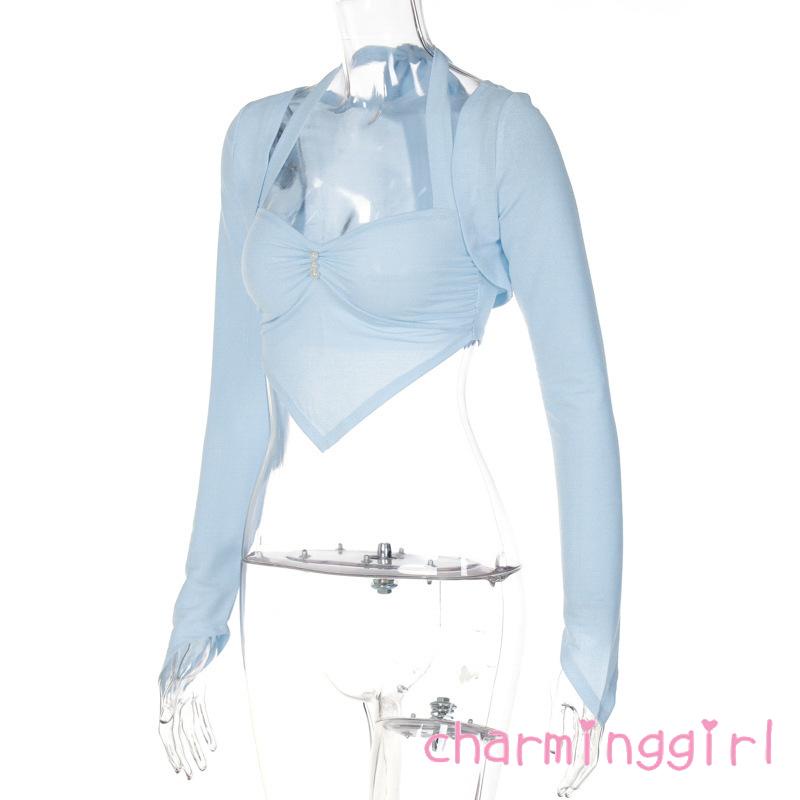 Áo Croptop Sát Nách Màu Sắc Trơn Trang Trí Ngọc Trai Giả Cổ Khoét Sâu Quyến Rũ Cho Nữ
