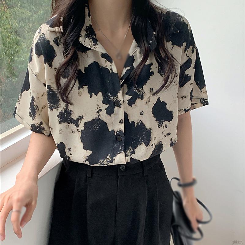 Áo sơ mi tay ngắn in họa tiết da báo thời trang cho nữ