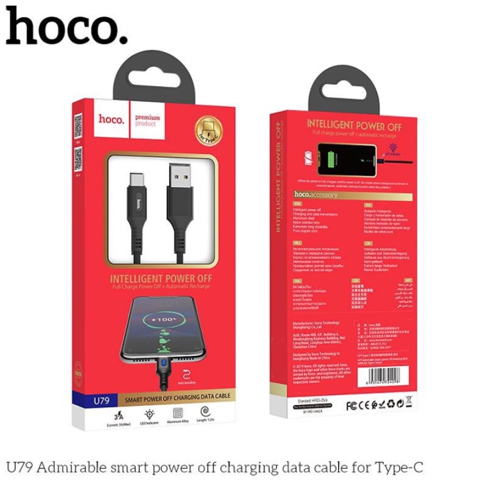Dây Cáp Sạc Tự Ngắt Điện Hoco u79 khi đầy 2.4a dài 1.2m - dây sạc nhanh bọc dù có đèn led