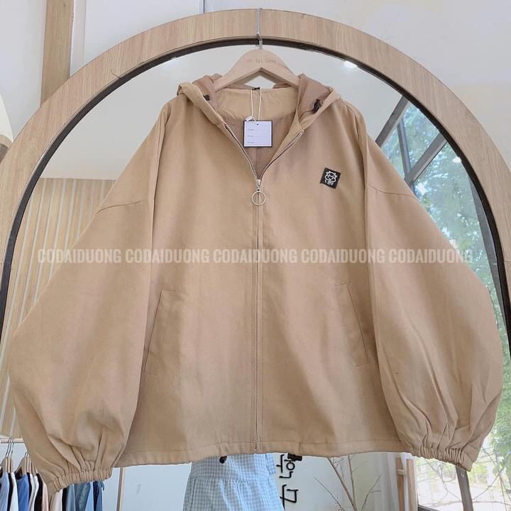 Áo khoác nhung có mũ họa tiết logo phối khóa tròn ulzzang/ Áo khoác nữ mặc thu đông tay bồng dáng rộng unisex | BigBuy360 - bigbuy360.vn
