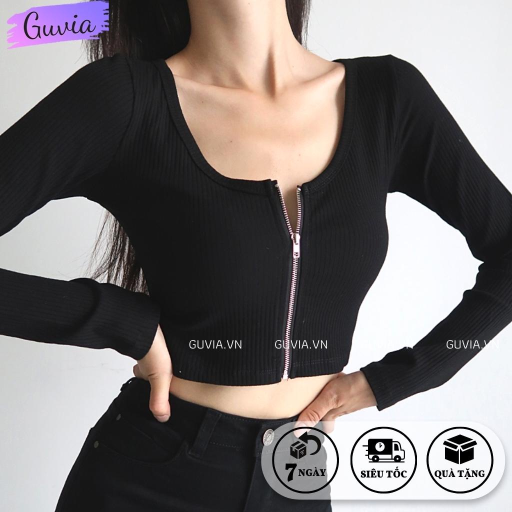 Áo Croptop Tay Dài Nữ DÂY KÉO NGỰC Thun Gân Tốt Ulzzang, Áo thun nữ dài tay chất vải tốt mặc đẹp GUVIA